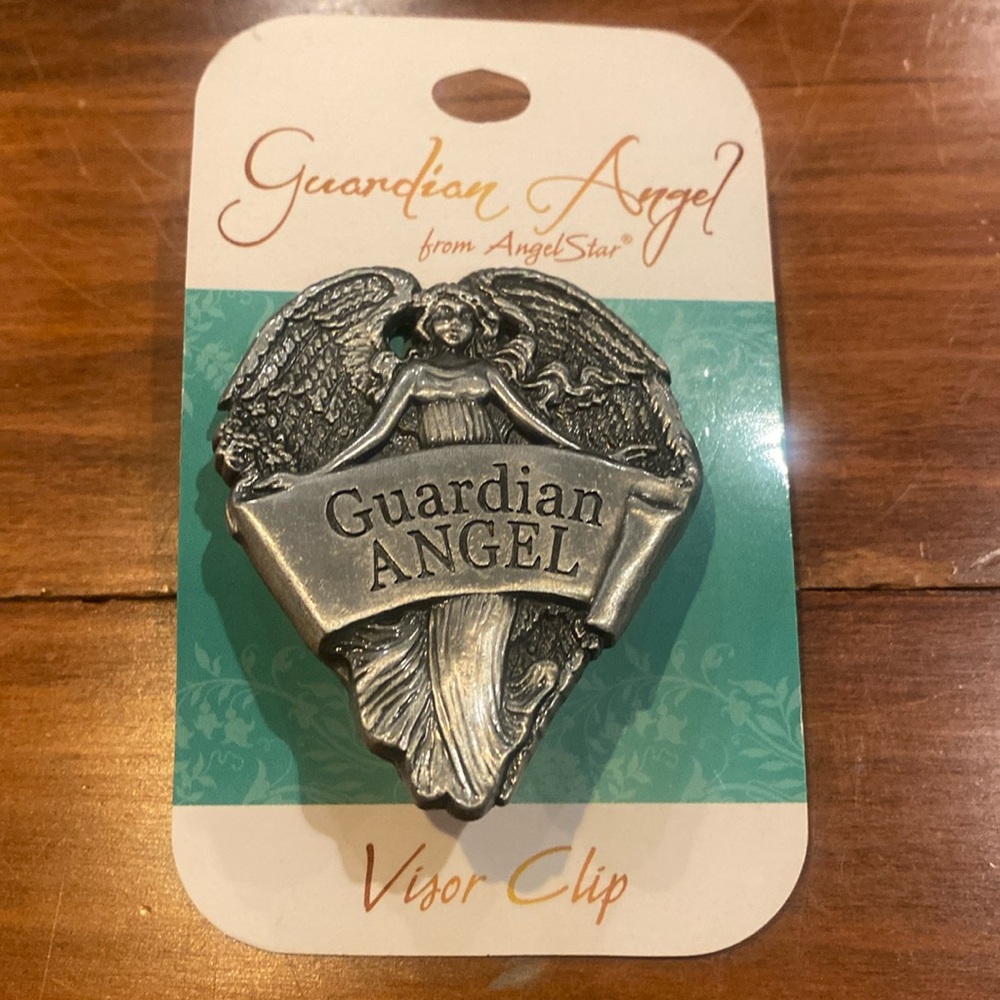 NWT Guardian Angel Visor Clip Silver Pewter Tone Metal Religious Holy Fits Most
